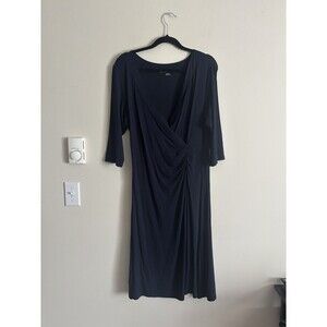 Soft Surroundings Medium Faux Wrap Deep V Neck 3/4 Sleeve Dress Navy Blue Preppy